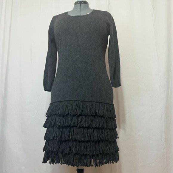 Calvin Klein Sz L Dark Heather Grey 3/4 Sleeves Crew Neck Fringe Sweater Dress - Picture 13 of 14